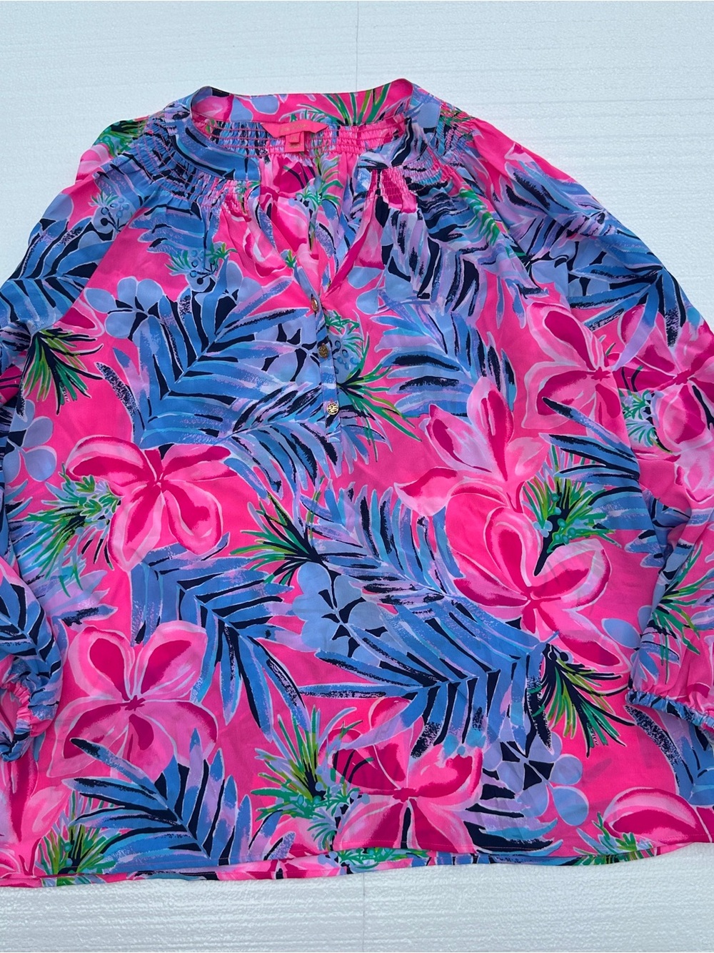 Lilly Pulitzer Elsa silk top features a vibrant pink and blue floral print